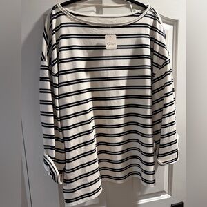 Free People Black & White Striped Boatneck Long Sleeve Top